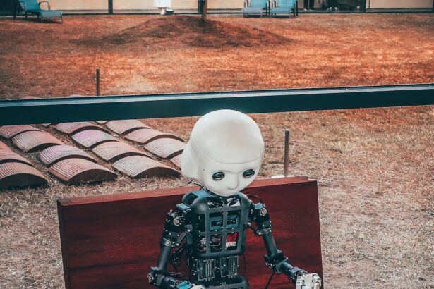 black and white robot toy on red wooden table