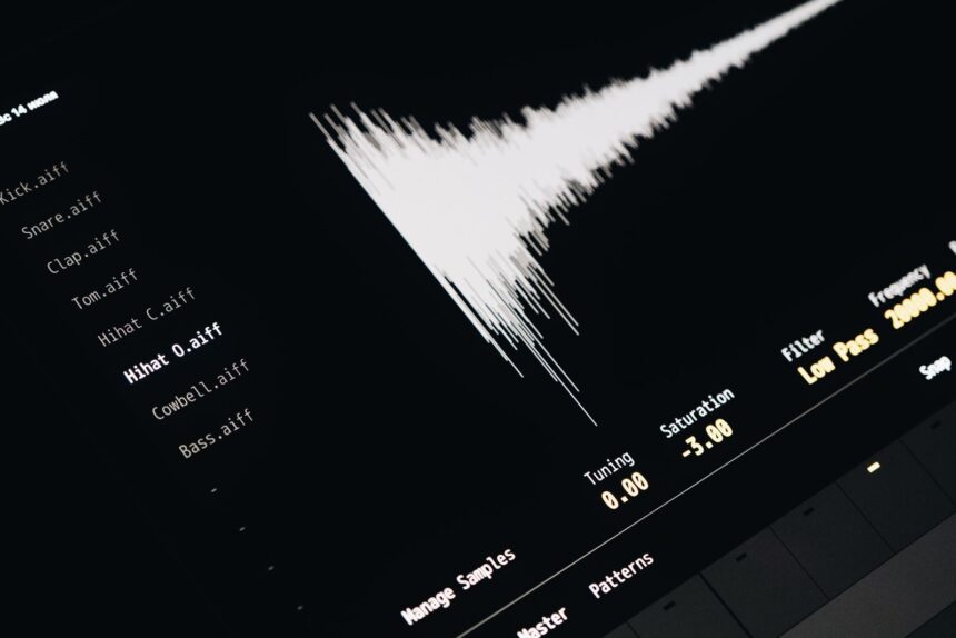Close-up of a digital audio editing interface displaying sound waves and file names.