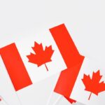 Canadian flags displayed on a white background symbolizing national pride and celebration.