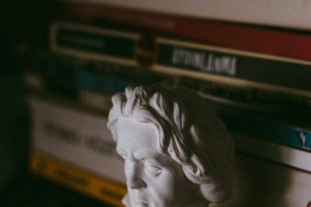 Plaster bust of a figure displayed on a bookshelf with dim atmospheric lighting.