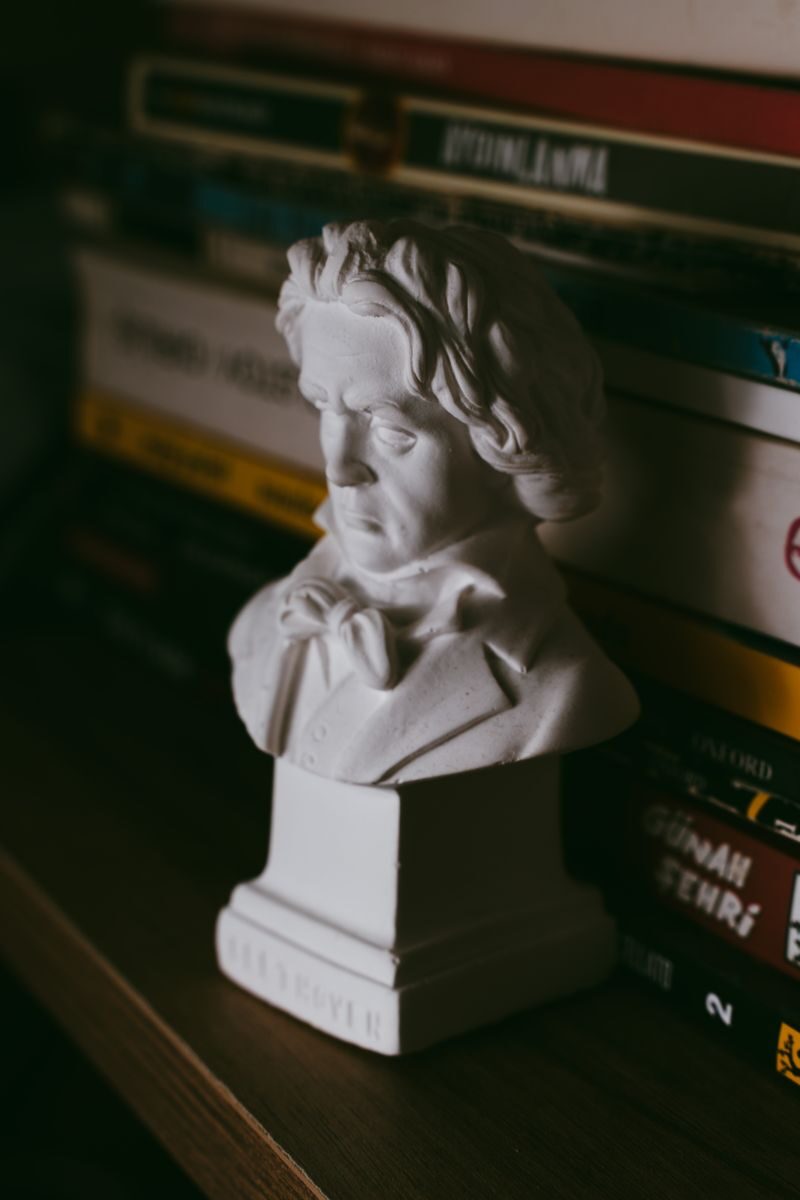 Plaster bust of a figure displayed on a bookshelf with dim atmospheric lighting.
