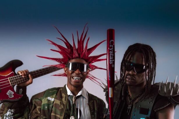 Two adults in punk rock attire with eccentric hairstyles and accessories showcasing edgy style.